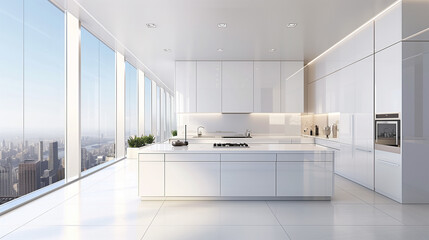 Sleek, all-white kitchen with a minimalist aesthetic, featuring handle-less cabinets, a glass backsplash, and a large island with high-tech induction cooktop and touch controls.
