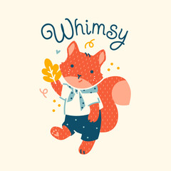 Charming vector print of a cute, whimsical squirrel with fall leave, styled in a playful Scandinavian design. The fun animal baby character brings warmth and the essence of autumn