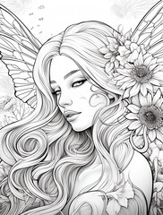Fototapeta premium Beautiful fairy with long hair and wings, sunflowers in her hair, grayscale coloring page for adults, high detail