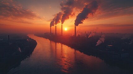 Fototapeta premium Steam and smoke rise from the towering smokestacks of a coal-fired power station, contributing to the atmospheric pollution seen at dawn.