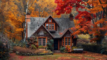 A charming cottage nestled beneath a vibrant autumn canopy of reds, oranges, and golds.