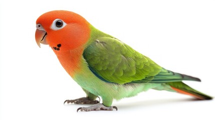 A small green and orange lovebird with red cheeks and a white background.