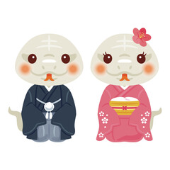 晴れ姿の巳年の白蛇キャラクター　男女