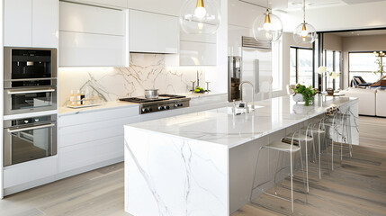 Fototapeta premium Ultra-modern kitchen with glossy white cabinetry, stainless steel appliances, and a large marble island with waterfall edges, complemented by sleek pendant lighting.