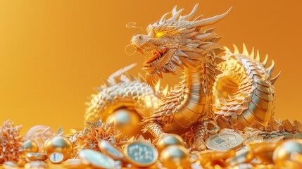 Fototapeta premium a dragon guarding treasure flat design side view mythical wealth theme 3D render Complementary Color Scheme