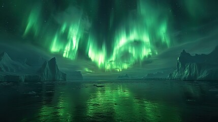 Obraz premium The aurora borealis lights up the sky over a glacier, highlighting the stunning natural phenomena at risk from global warming and environmental changes.
