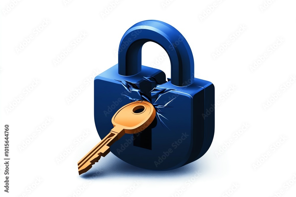Poster Minimalist lock icon being broken by a phishing attack, showing a key and lock separating, drawn in simple, bold lines