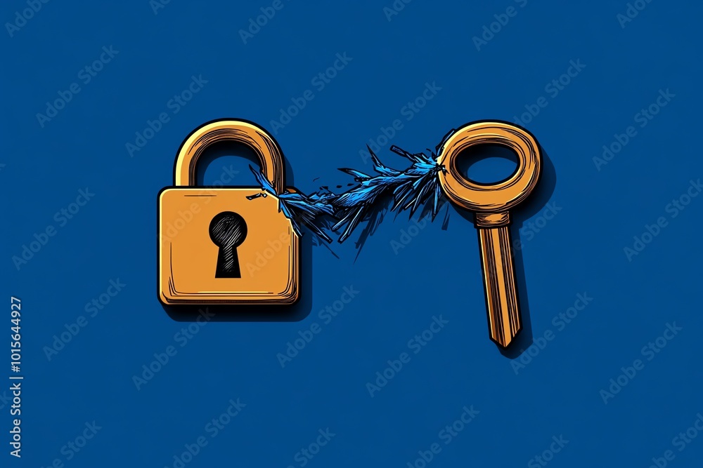 Poster minimalist lock icon being broken by a phishing attack, showing a key and lock separating, drawn in 