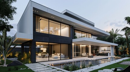 Fototapeta premium A sophisticated contemporary residence featuring a sleek monochromatic color scheme and sharp, defined lines.