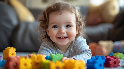 A Happy Baby Girl Plays with Colorful Building Blocks