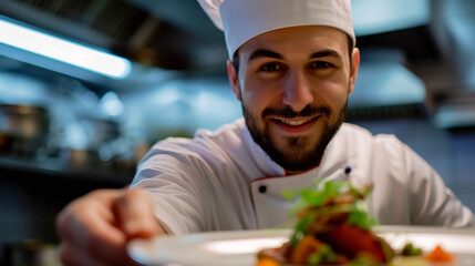 a chef presenting a beautifully plated dish with a satisfied grin, showcasing the artistry and delight that goes into creating a culinary masterpiece