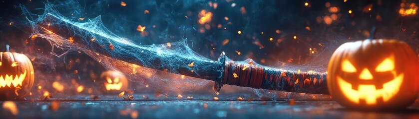 A mystical sword glows amidst glowing jack-o'-lanterns, creating an enchanting Halloween atmosphere filled with magic and suspense.