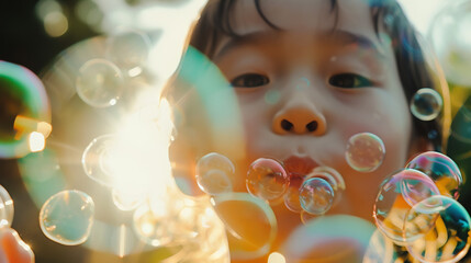 a child blowing bubbles in a sunlit garden, their innocent joy and fascination with the floating spheres captured in a magical moment