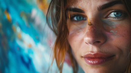 a content artist immersed in creating a masterpiece, the colorful strokes on the canvas mirroring the inner happiness