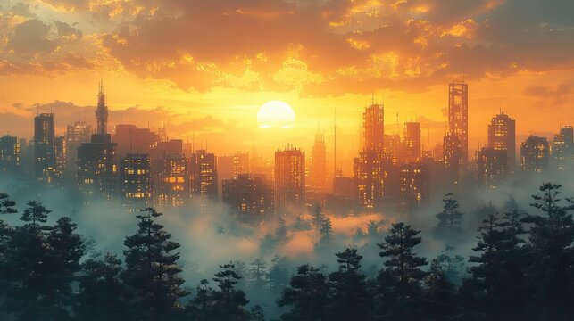 The illustration imagines a future world powered by clean, sustainable technologies and environmental consciousness.