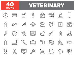 Set of 40 line icons veterinary. Outline icon collection. Editable stroke. Vector illustration.