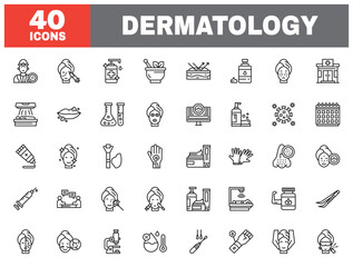 Set of 40 line icons dermatology. Outline icon collection. Editable stroke. Vector illustration.