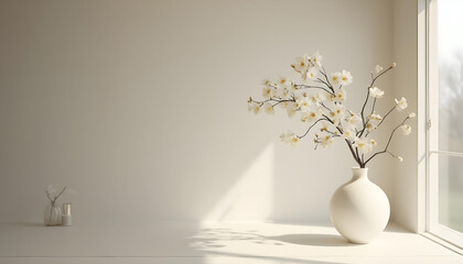Minimalist Serenity, White Flowers in a Vase by a Sunlit Window