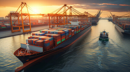 Naklejka premium Aerial view of a cargo container ship. Take seaport cargo terminal, harbor crane. Global freight logistics concept