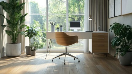 A stylish home office features a sleek desk in front of a large window, allowing natural light to fill the area. Potted plants add greenery, creating a refreshing and inviting work environment.