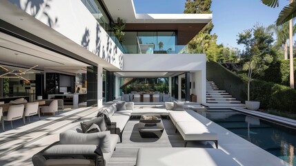 Obraz premium A luxurious modern mansion with a seamless blend of indoor and outdoor spaces