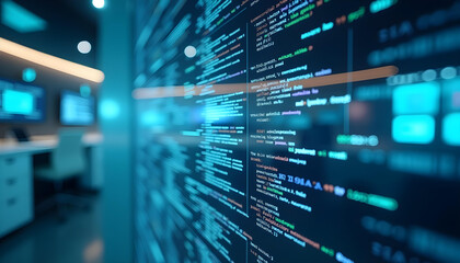 Naklejka premium Modern Software Development Workspace, Coding and Programming Displayed on Digital Screen