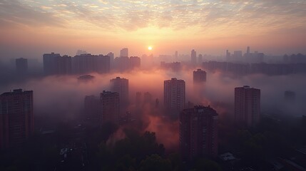Fototapeta premium The skyline is obscured by a dense layer of smog, signaling pollution issues in the city's atmosphere.