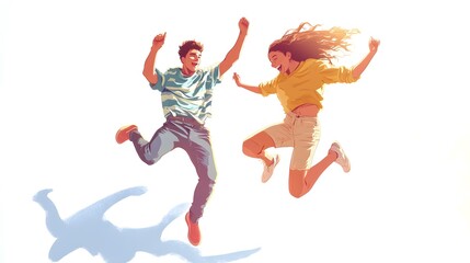 Joyful Couple Leaping Through the Air with Arms Raised