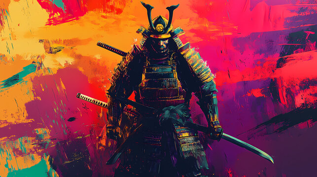 Digital painting of a stoic samurai warrior ready for battle in an expressive abstract backdrop. Feudal Japanese Samurai. Illustration