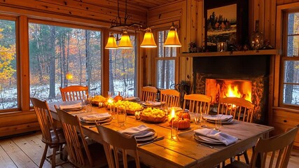 A cozy cabin dining table with a warm fire in the fireplace, set for dinner with candles, plates, and glasses, with a view of snow covered trees outside the window. - Powered by Adobe