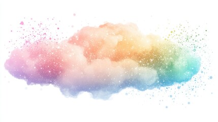 Soft, pastel rainbow cloud with sparkles and glitter, floating on white