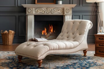 Fototapeta premium Beige Chaise Lounge with Decorative Nails in Front of a Fireplace