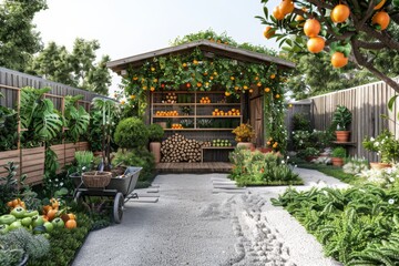 Obraz premium Garden with Wooden Walls, Small Cabin, and Tool-Filled Wheelbarrow in Bright Daylight