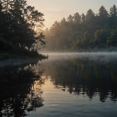 A fog-covered lake at sunrise