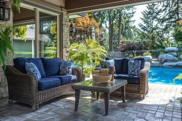 Obraz premium Greenhouse Black Wicker Outdoor Seating with Dark Blue Cushions Near Pool on Ceramic Tile Floor