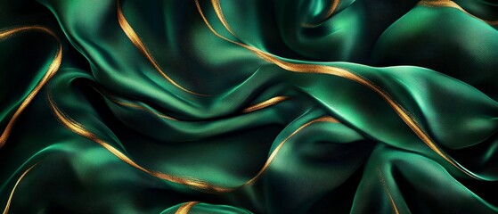 Fototapeta premium A digital art piece of green silk fabric with golden lines, in an elegant and luxurious style, focusing on the texture and flow of fabrics against a dark background. 