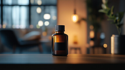 A bottle of perfume is sitting on a table