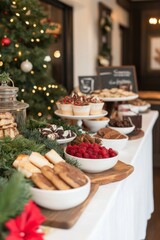 Fototapeta premium Buffet table set up with holiday treats and snacks. The room is filled with festive decorations, Generative AI