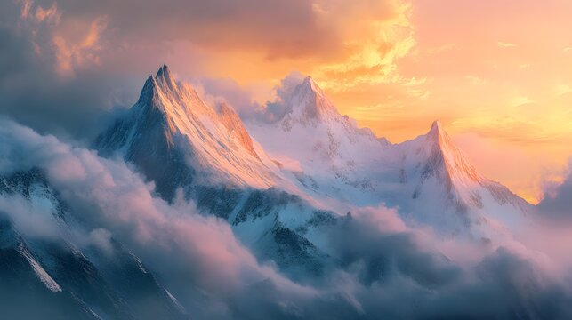 A mountain landscape with clouds rolling over the peaks at sunrise