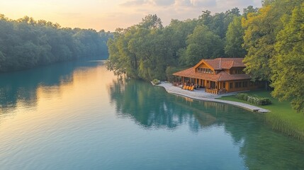 Fototapeta premium Aerial view reveals the waterfront of a serene lake, capturing its natural beauty and surrounding activities.