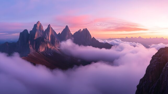 A mountain landscape with clouds rolling over the peaks at sunrise
