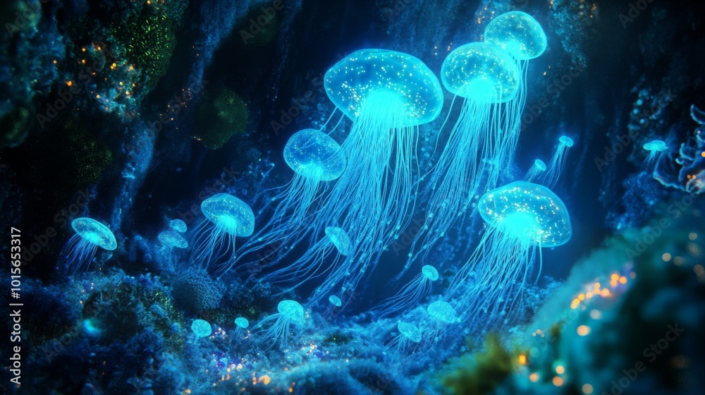 Poster a mesmerizing display of bioluminescent jellyfish moves elegantly through a coral reef, illuminating