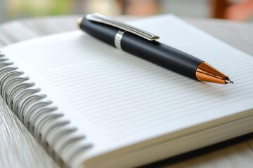 Fototapeta premium Closeup of minimalist notebook with a pen resting on a clean white page, sharp natural lighting, ultrarealistic textures of paper grain and pen detail