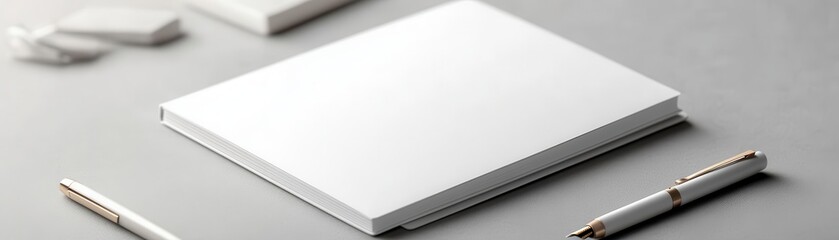 Closeup of notebook mockup with blank pages, pen and stationery laid out around, sharp lighting, ultrarealistic textures of paper and writing tools, perfect branding mockup