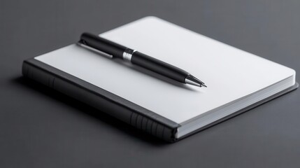 Closeup of notebook mockup with crisp blank pages and a pen placed across, sharp lighting, ultrarealistic textures of paper and sleek pen design