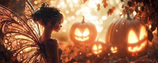 A whimsical fairy silhouette among glowing pumpkins, capturing the enchanting spirit of Halloween in a magical autumn setting.
