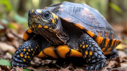 Obraz premium portrait of a box turtle on the road close up