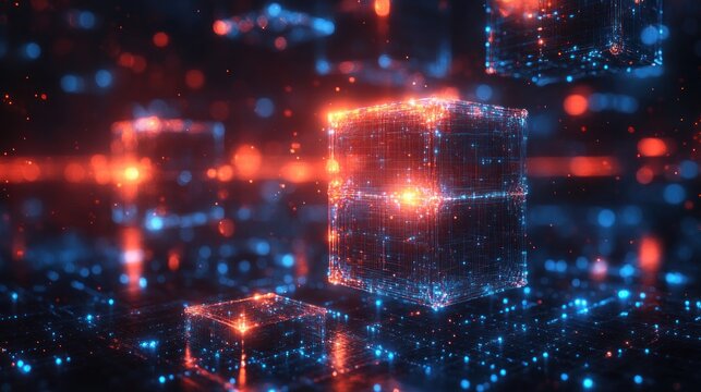 Digital cube background with glowing neon lines