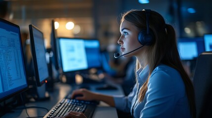 A young professional in a call center types on a keyboard while wearing a headset. The soft blue glow from dual monitors highlights her concentration as she helps customers