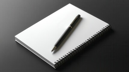 Notebook mockup with clean white paper and a sleek pen lying on the side, bright cool lighting, ultrarealistic textures, perfect for design and branding